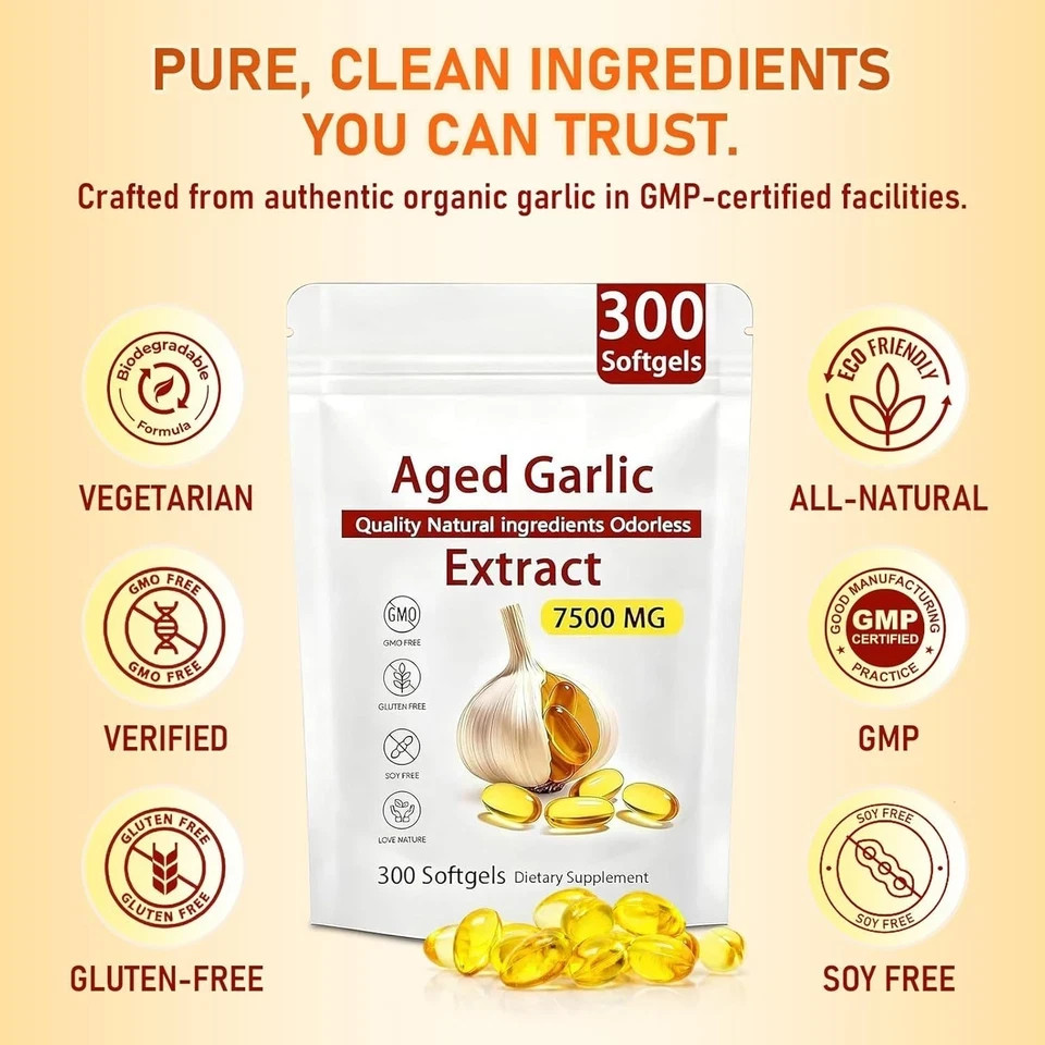 Odorless Garlic 7500mg Per Servings, 300 Softgels | 2 Years Aged Garlic Extra…