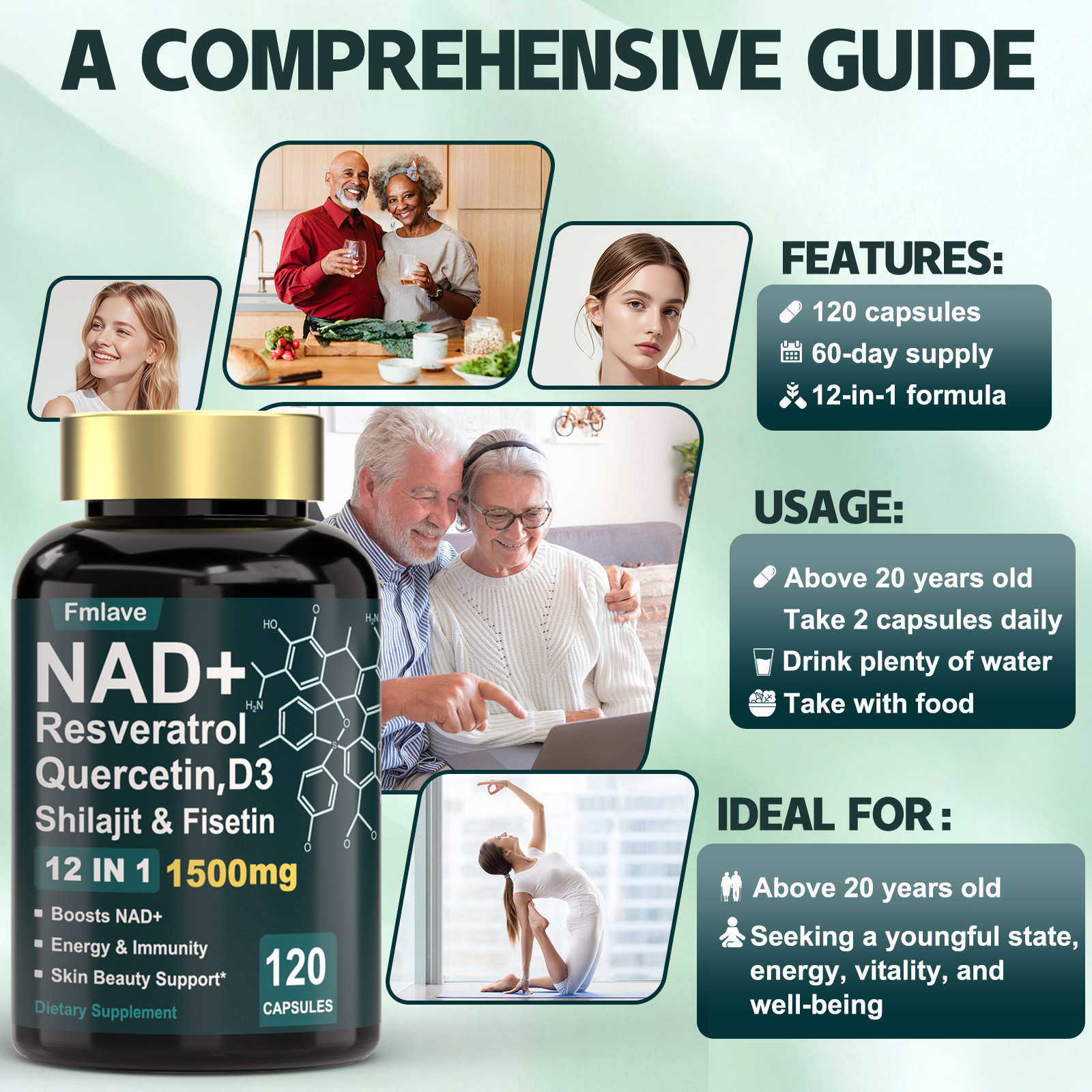 4pack NAD+ Supplement 1500Mg with Resveratrol Fisetin Nad plus Boosting 480 Caps