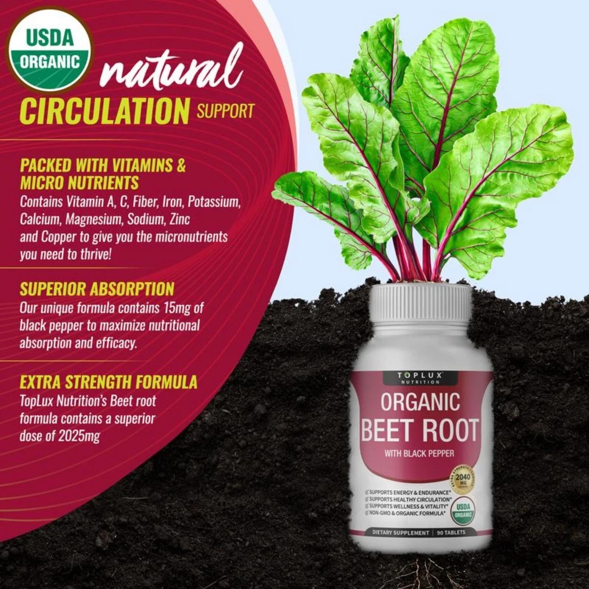 Toplux Organic Beet Root 2040mg | Nitric Oxide Boost Supplement Tablets