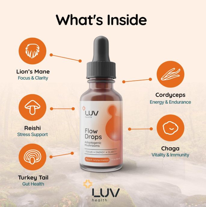 (5 PACK) LUV Health Flow Drops – Adaptogen Mushroom Blend Drops [USA]