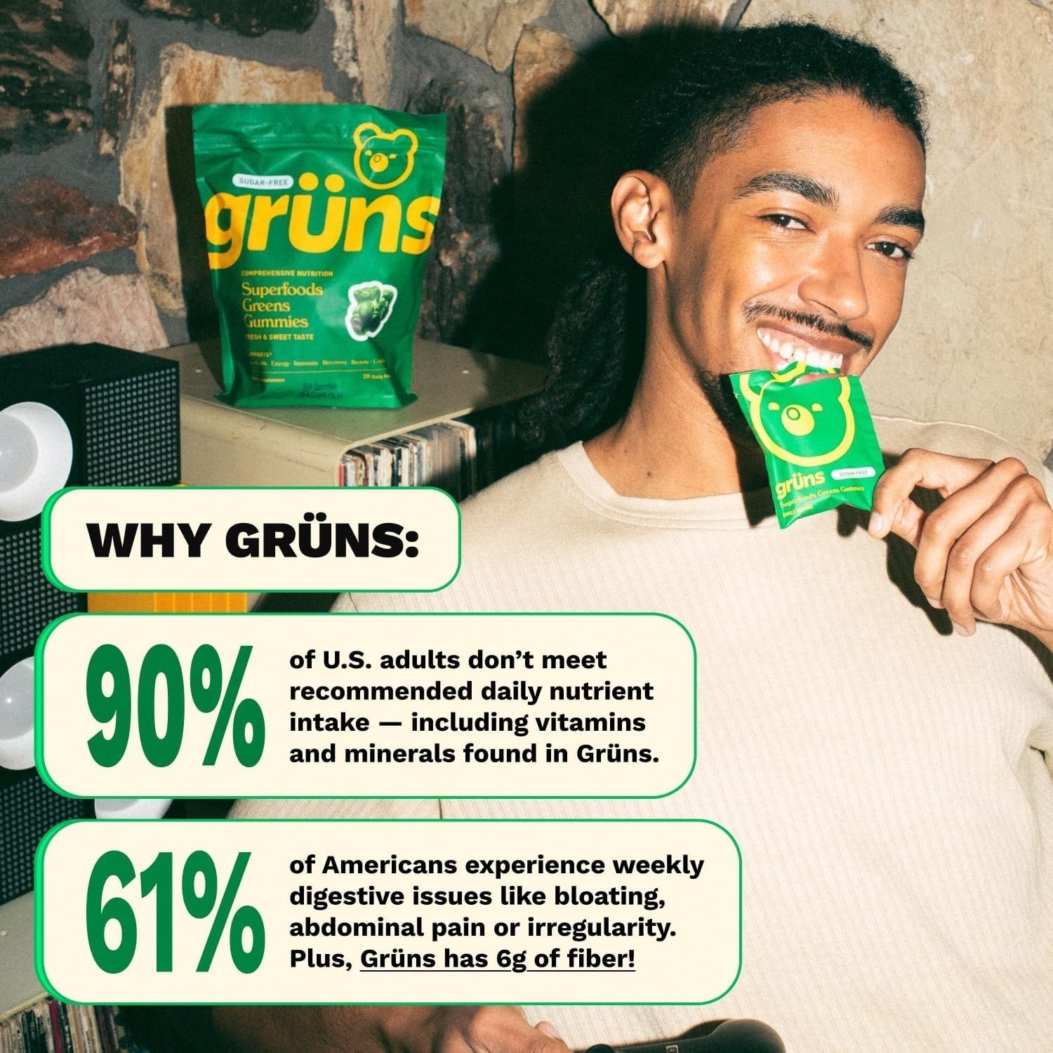 Grüns Superfood Greens Gummies – Digestive & Immune Support – 60ct