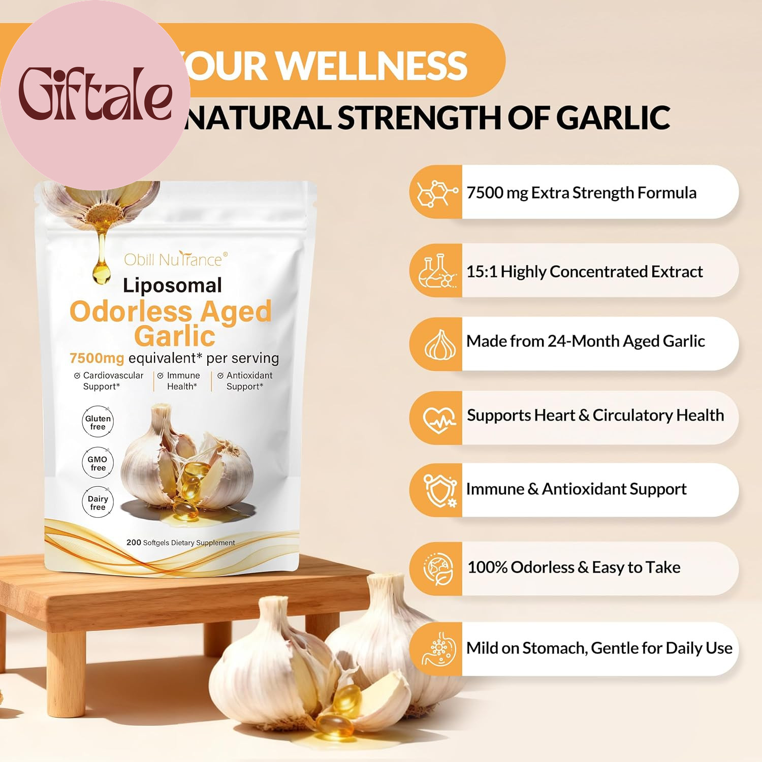 Aged Garlic Extract 7500mg Odorless Organic Garlic Softgels Heart Support