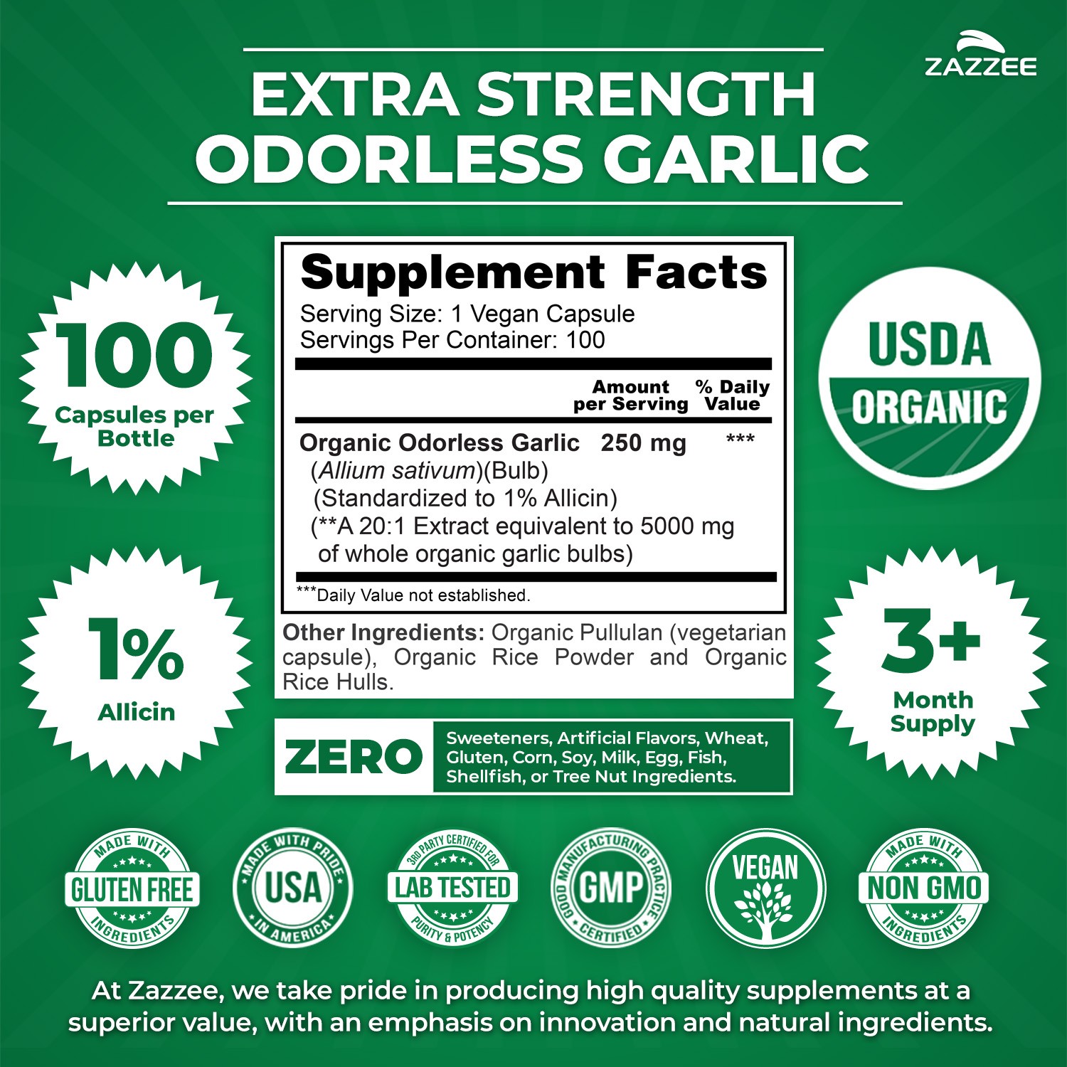 USDA Organic Odorless Garlic 20:1 Extract, 5000 mg Strength, 100 Vegan Capsules