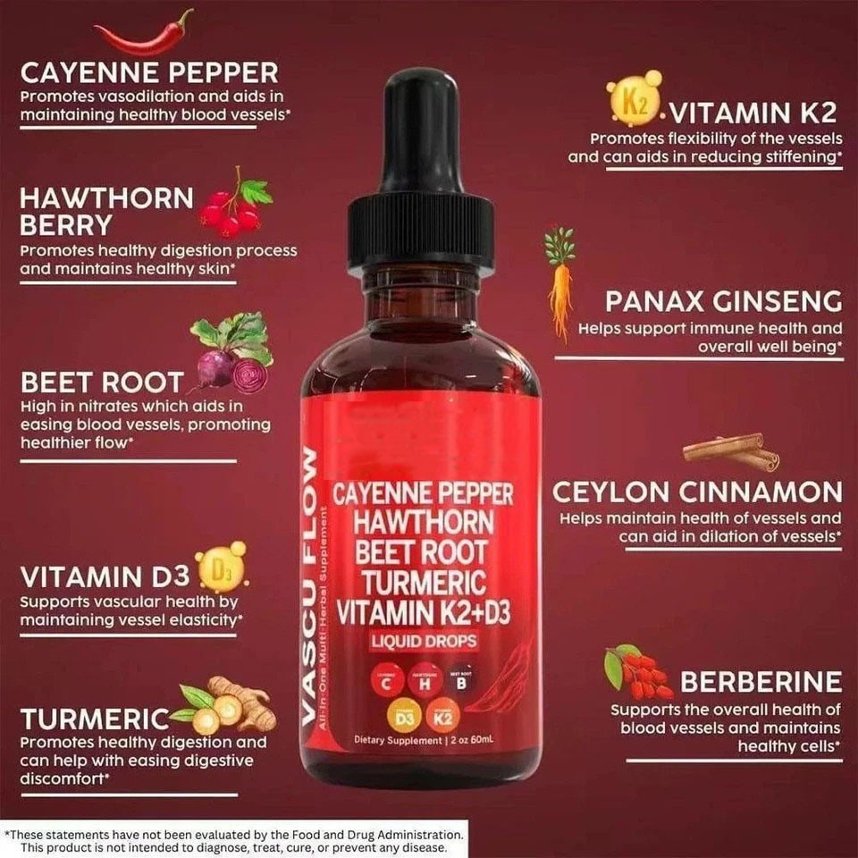 2Pack Cayenne Pepper Hawthorn Beet Root Turmeric Vitamin K2+D3 Liquid Drops 60ML