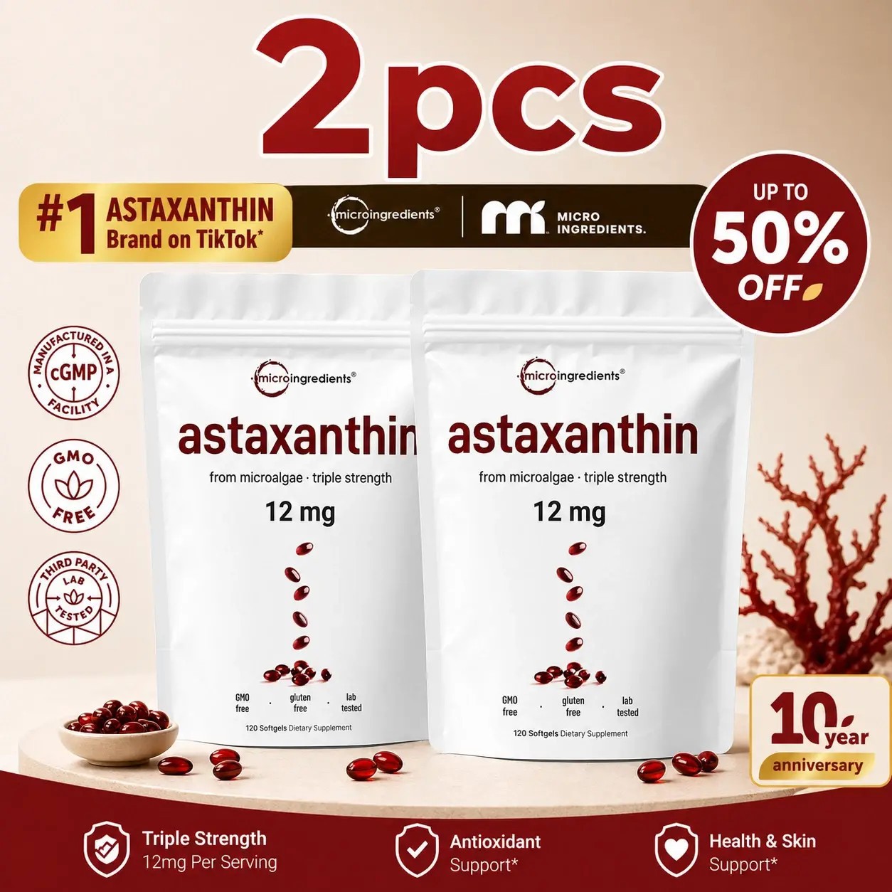 2X Astaxanthin 12mg 120gels Fresh Microalgae Source Antioxidant/Skin/Eye/Joint