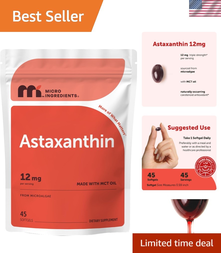 Astaxanthin 12mg Softgel Supplement with MCT Oil, 45 Capsules for Daily Wellness