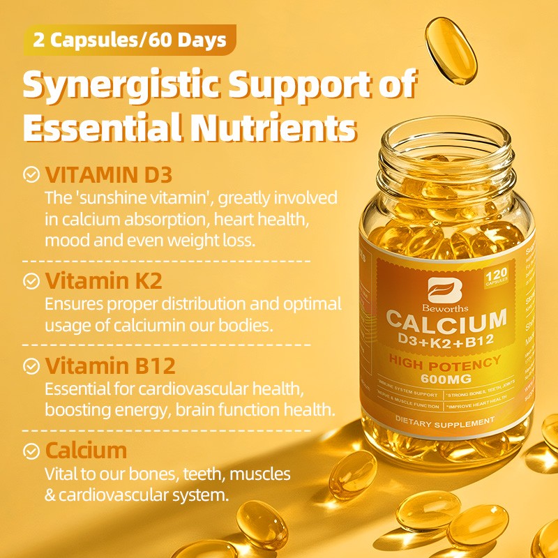 4-in-1 Calcium Supplements for Women & Men with Vitamin D3 K2 B12 Softgels