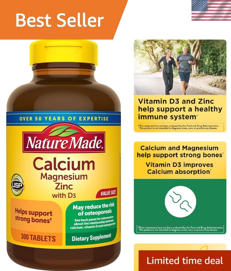 300 Count Calcium Magnesium Zinc Tablets with Vitamin D3 – Immune & Bone Support