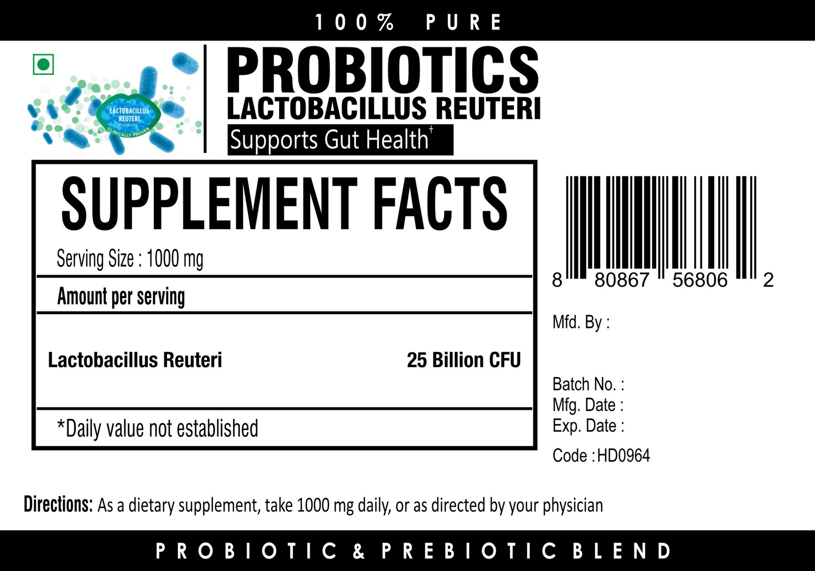 Probiotics Blend Lactobacillus Reuteri Powder POTENT 25 Billion CFU/Gram