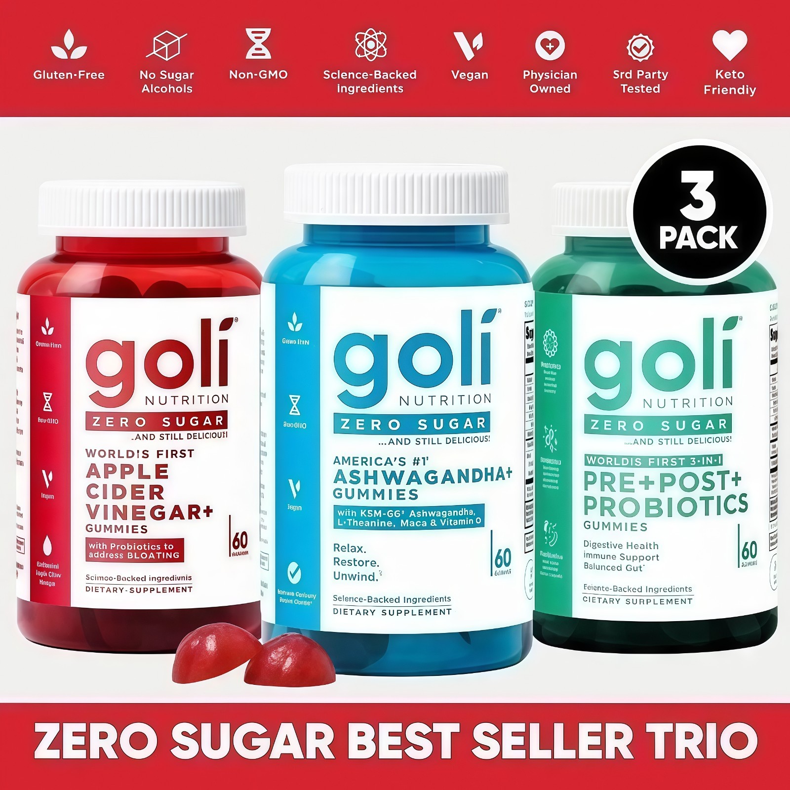NEW 2026 Goli Zero Sugar Best Seller Trio Pack – 3 Bottles 60 Gummies Bottle