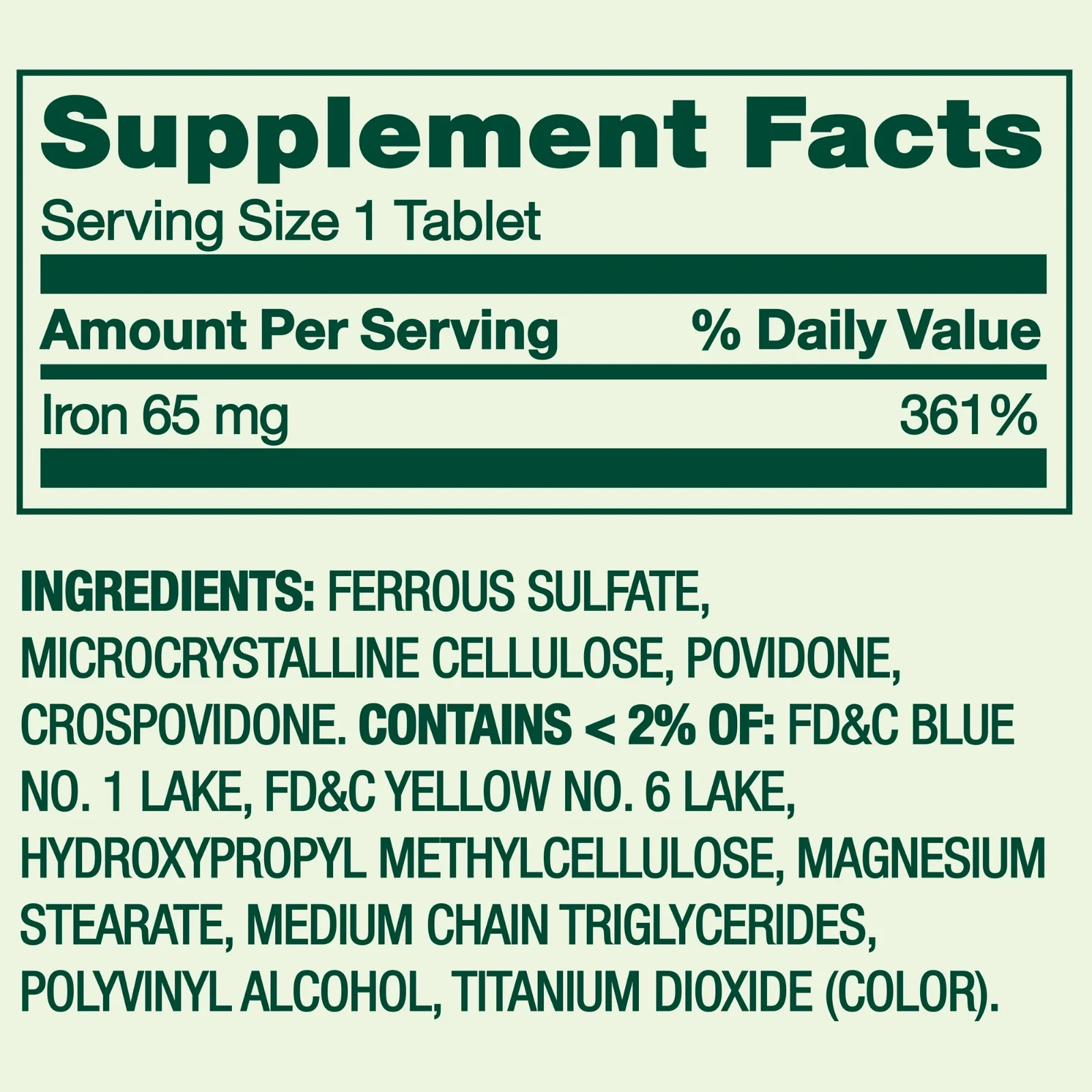 Spring Valley Iron General Wellness Dietary Supplement Tablets, 65 mg, 100 Count