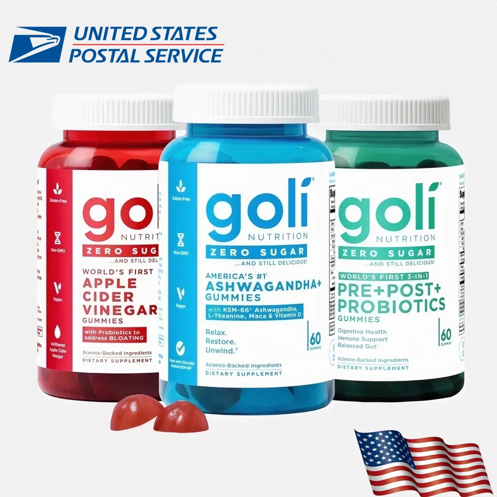 3 Bottles Goli Zero Sugar Best Seller Trio Set Gummies, 60 Counts Per Bottle