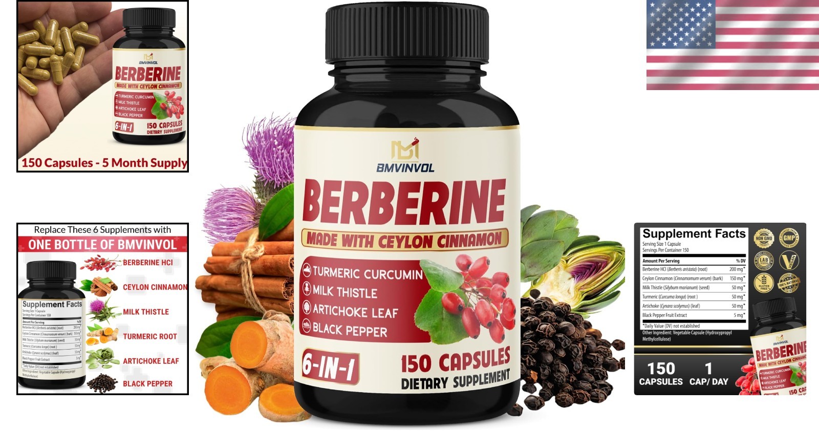 Berberine with Ceylon Cinnamon & Turmeric – 150 Count Immune Support Capsules