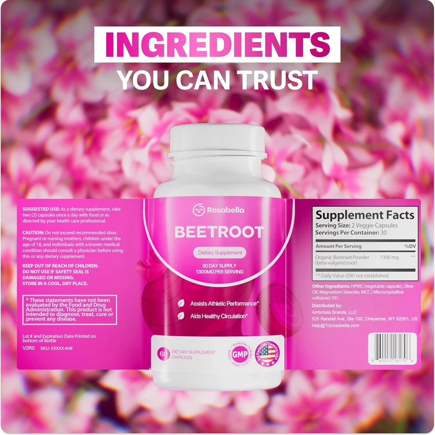 60ct Rosabella 1300mg Organic Beetroot Capsules Heart & Circulation Support USPS