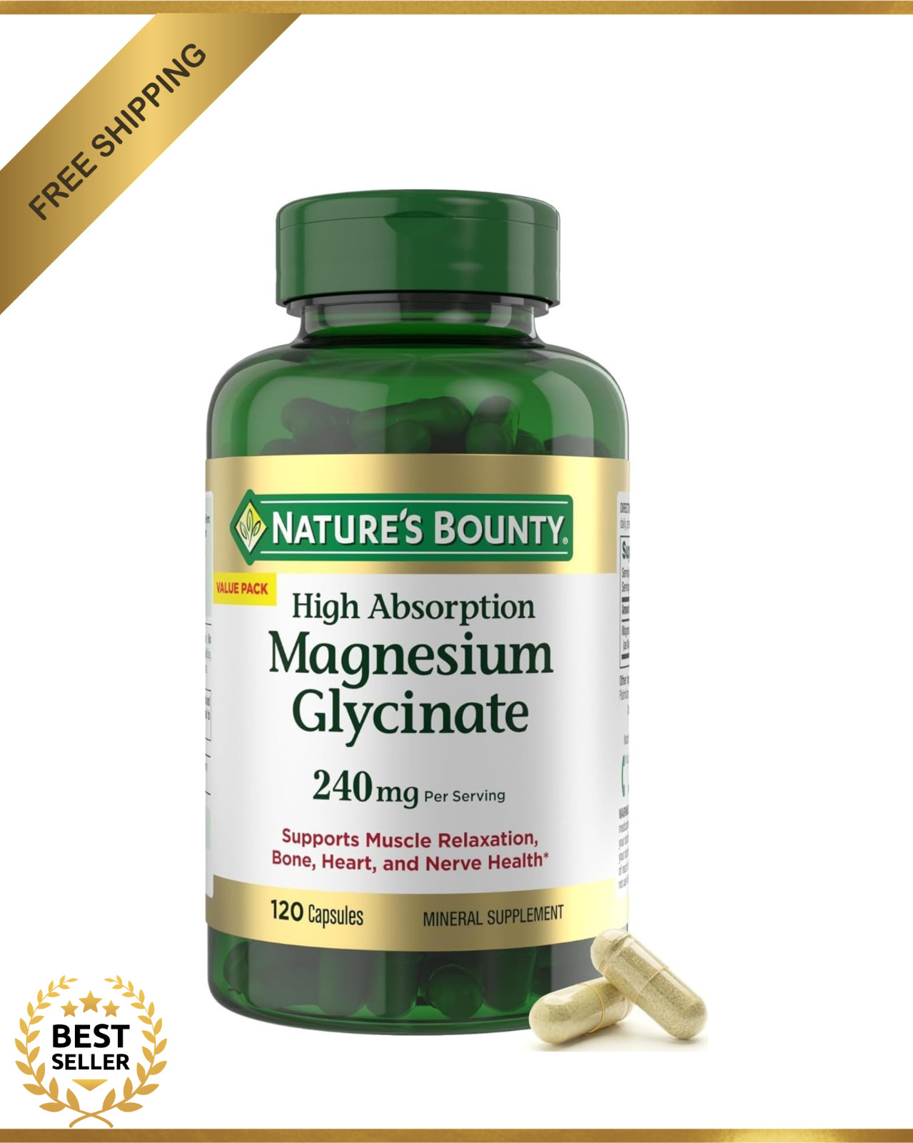 Nature’s Bounty High Absorption Magnesium Glycinate 240 mg, 120 Capsules