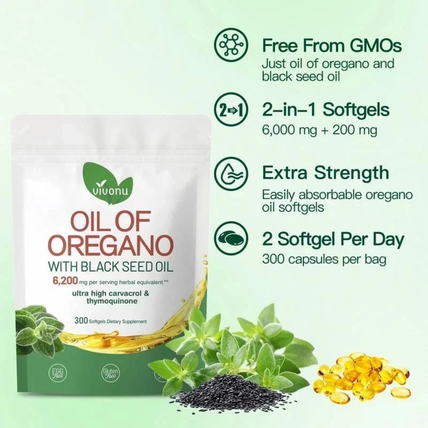 2-PCS Oregano Oil 6200mg with Black Seed Oil.Immune Boosting Capsules