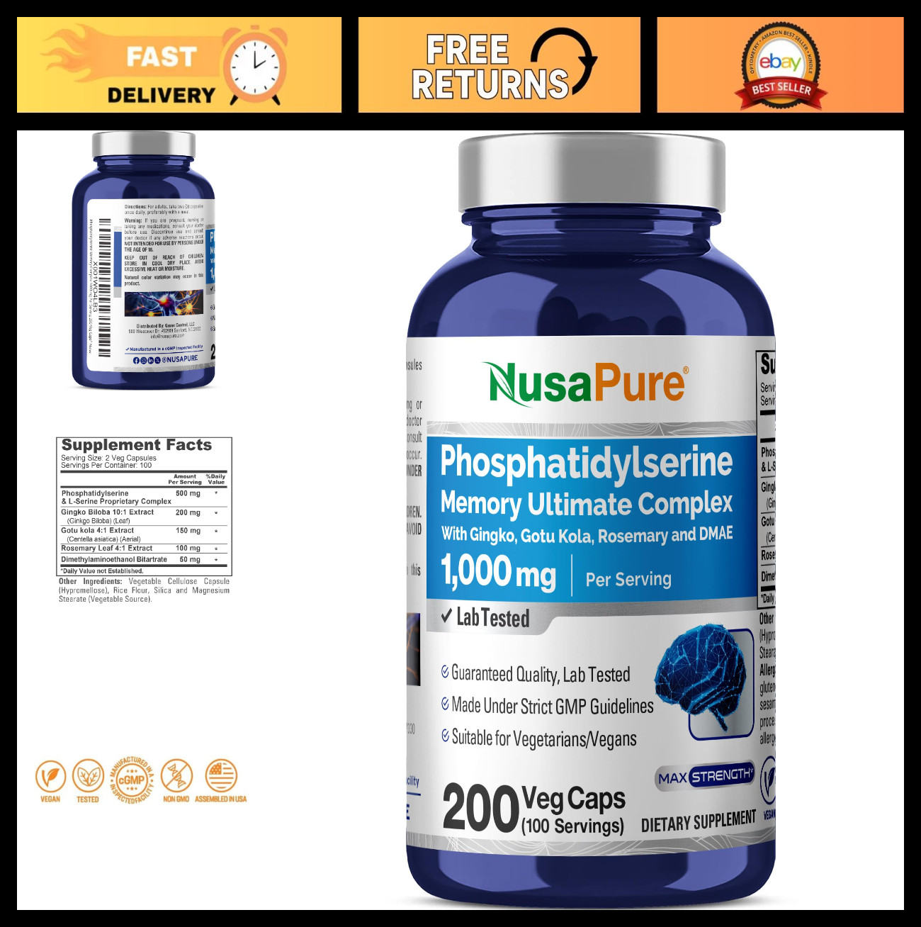 Phosphatidylserine Memory Support 1000mg – 200 Vegan Non-GMO Capsules
