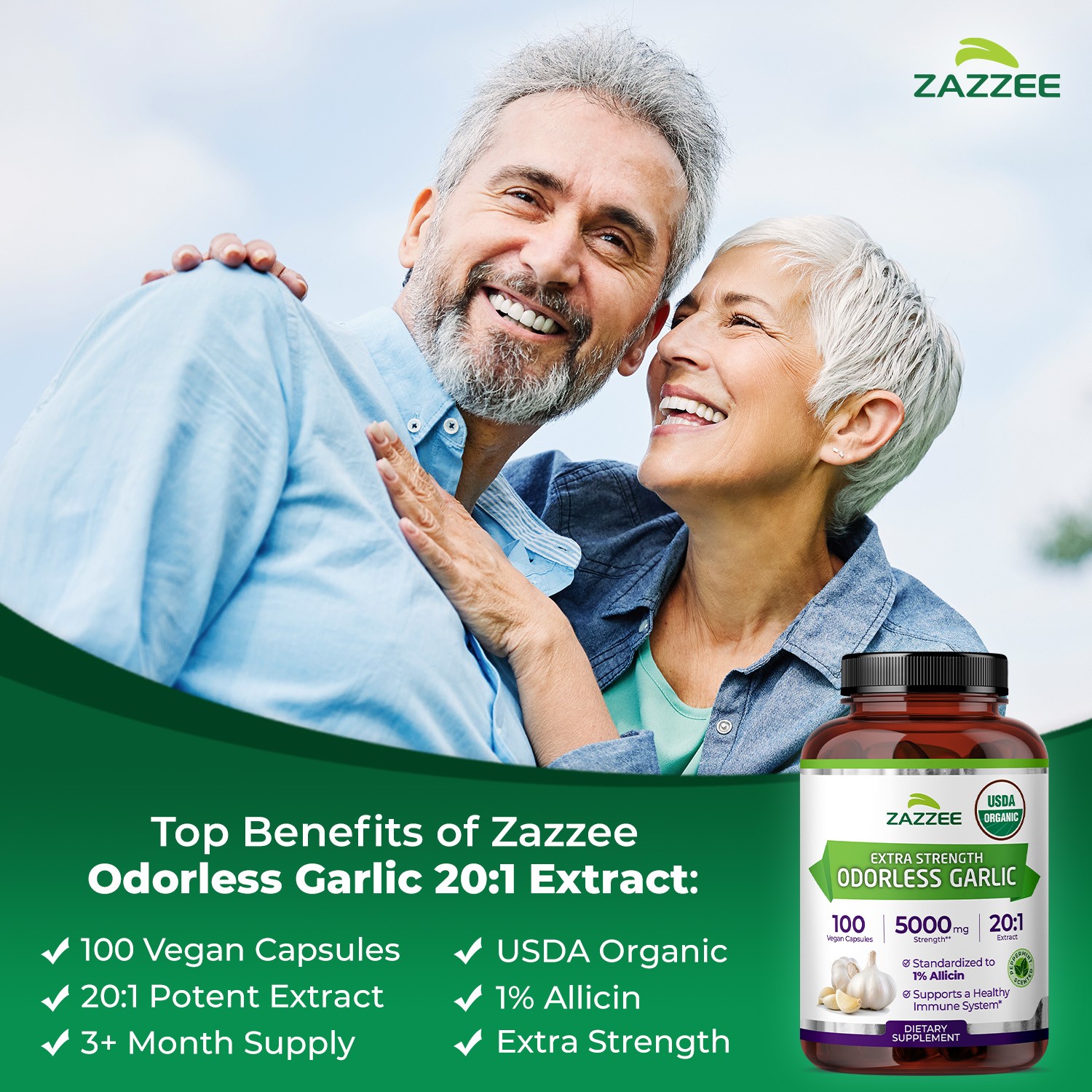 USDA Organic Odorless Garlic 20:1 Extract, 5000 mg Strength, 100 Vegan Capsules