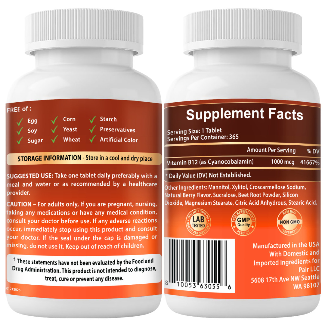 VITBOOST Vitamin B12 1000 mcg Chewable Tablets – 365 Count Natural Berry Flavor