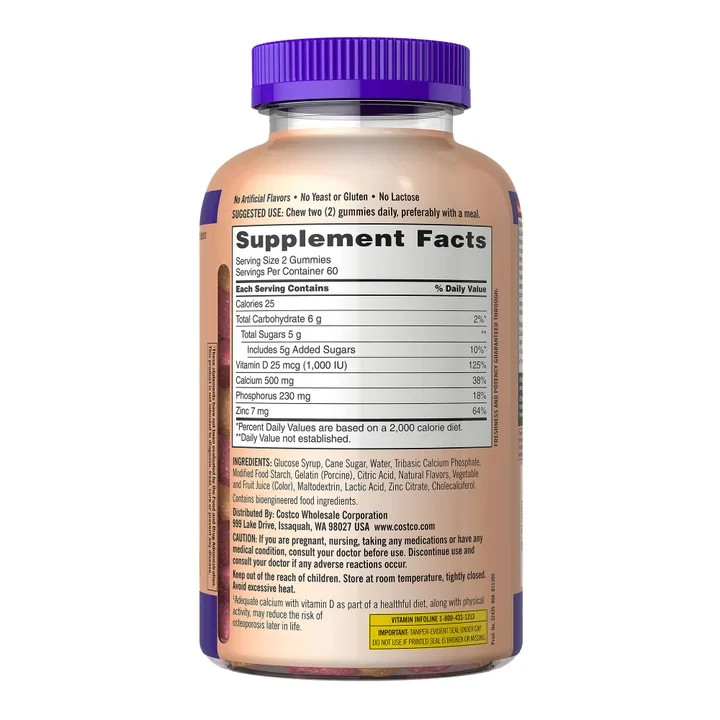 NEW Kirkland Signature Adult Calcium Gummies 120 Ct D3 Zinc USP Exp 03/2027