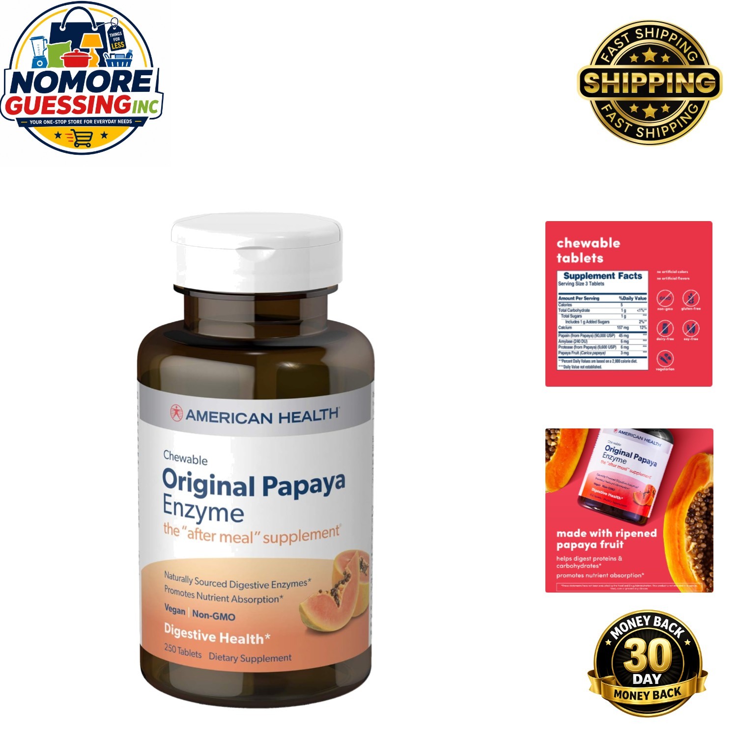 250 Chewable Papaya Enzyme Tablets for Digestive Wellness – & Gluten-Free