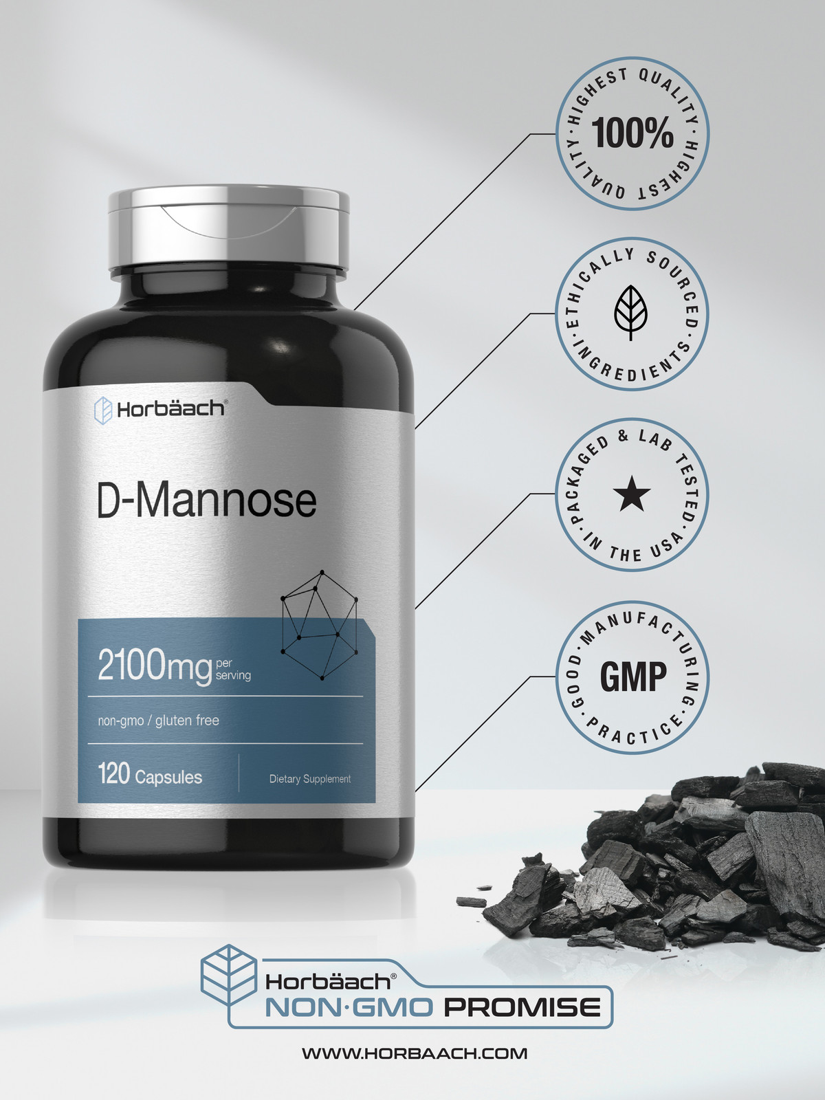 D Mannose Capsules | 2100 mg | 120 Count | Non-GMO & Gluten Free | by Horbaach