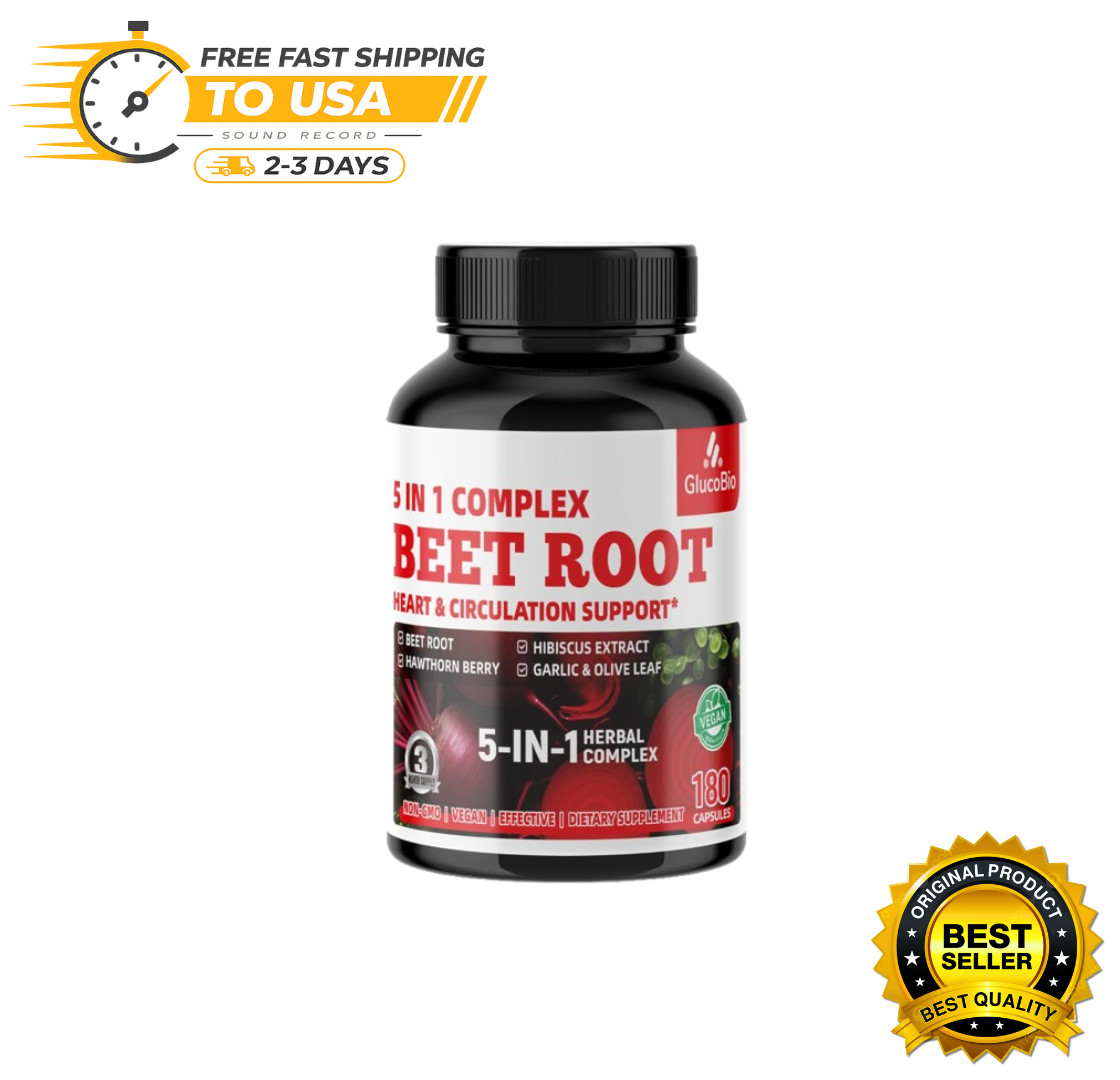 GlucoBio Beet Root Capsules Nitric Oxide Blood Pressure Support Heart 180 Count