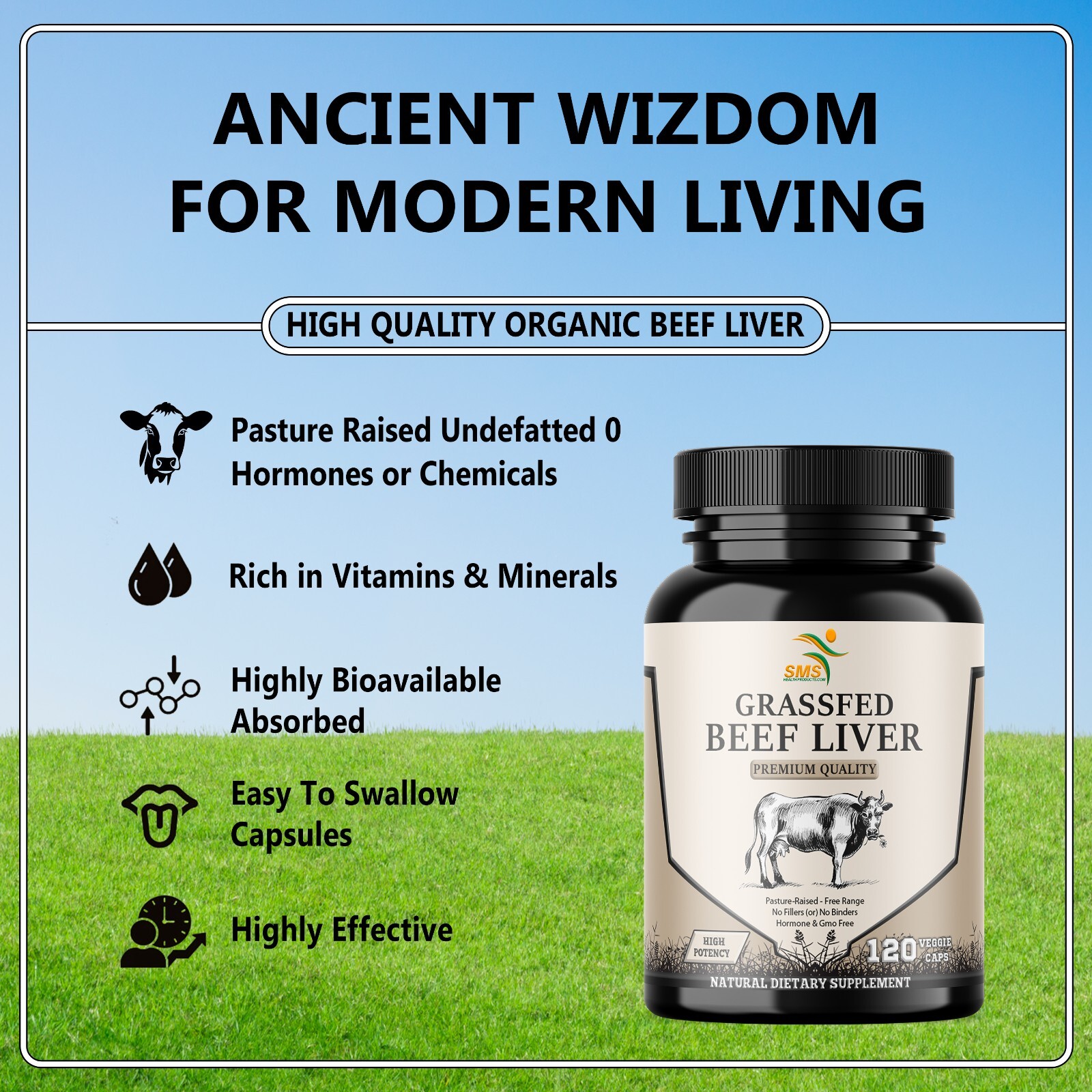 Desiccated Beef Liver Caps, Certified 100% Grass Fed Undefatted 120 Capsules USA