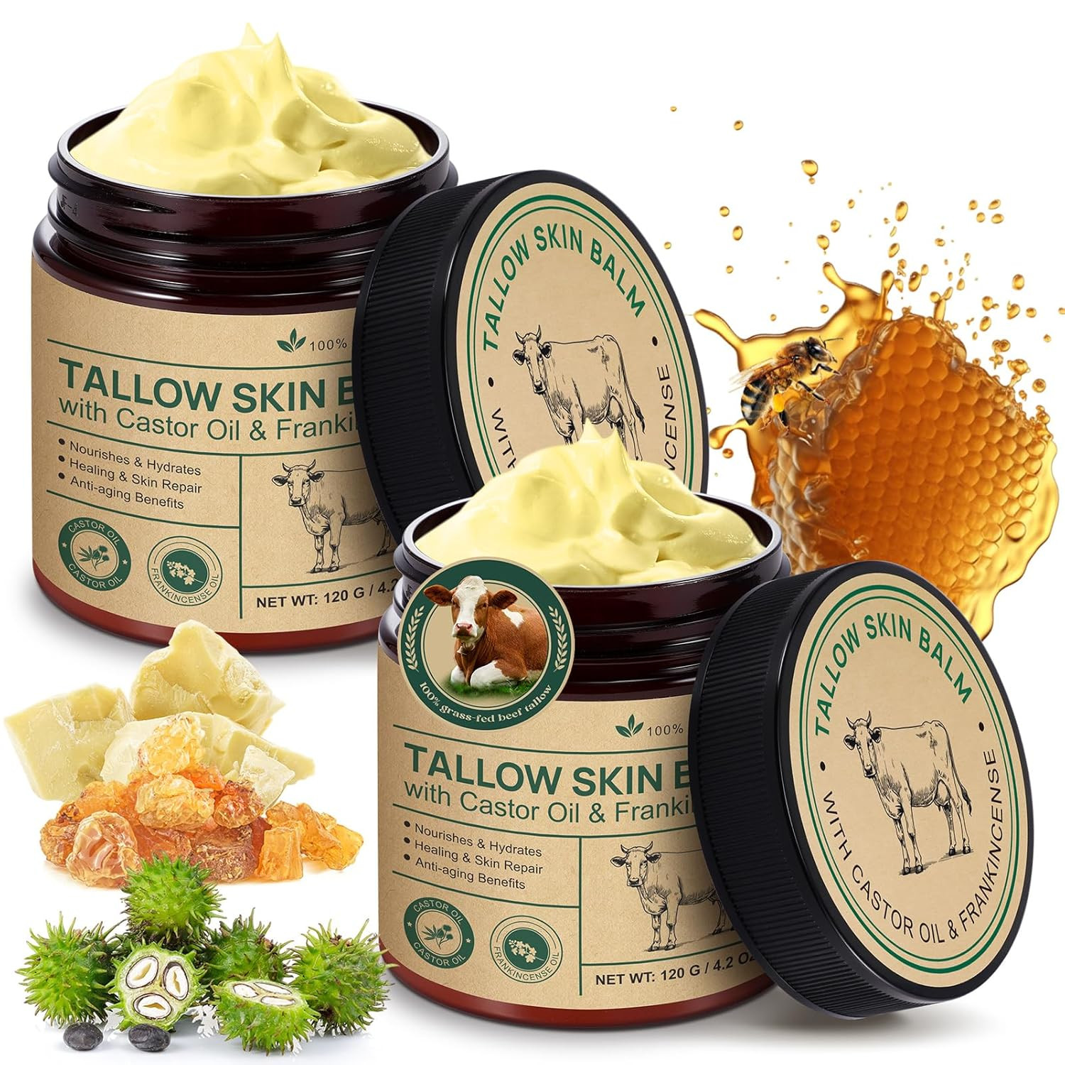 2 Pcak Beef Tallow Cream with Castor Oil and Frankincense, 100% Grass-Fed Tallow