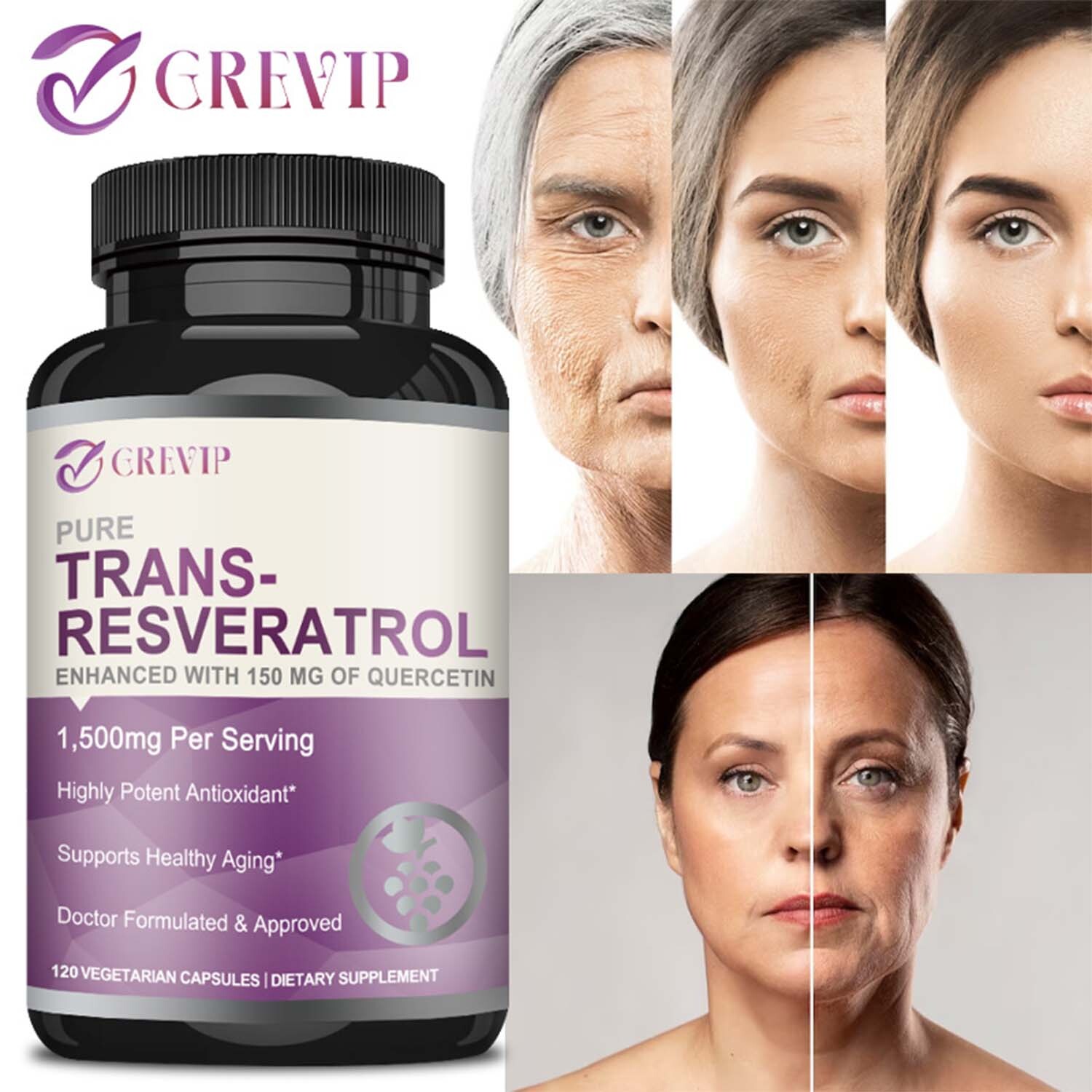 120pcs Trans-Resveratrol 1500mg-Quercetin-Anti-Aging Antioxidants,Brain Support