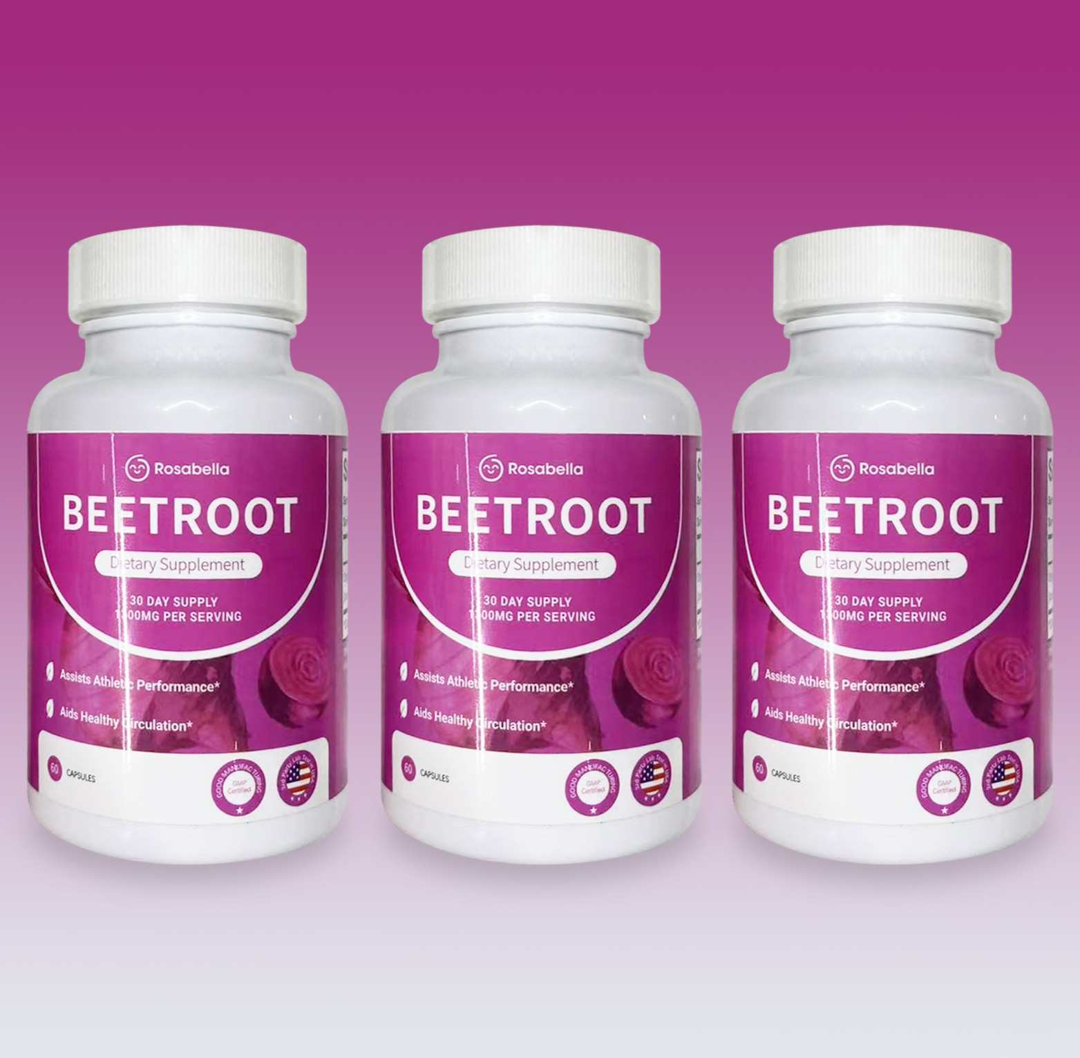3PCS Rosabella Organic Beet Root 60 Capsules Natural Energy Boost Blood Pressure