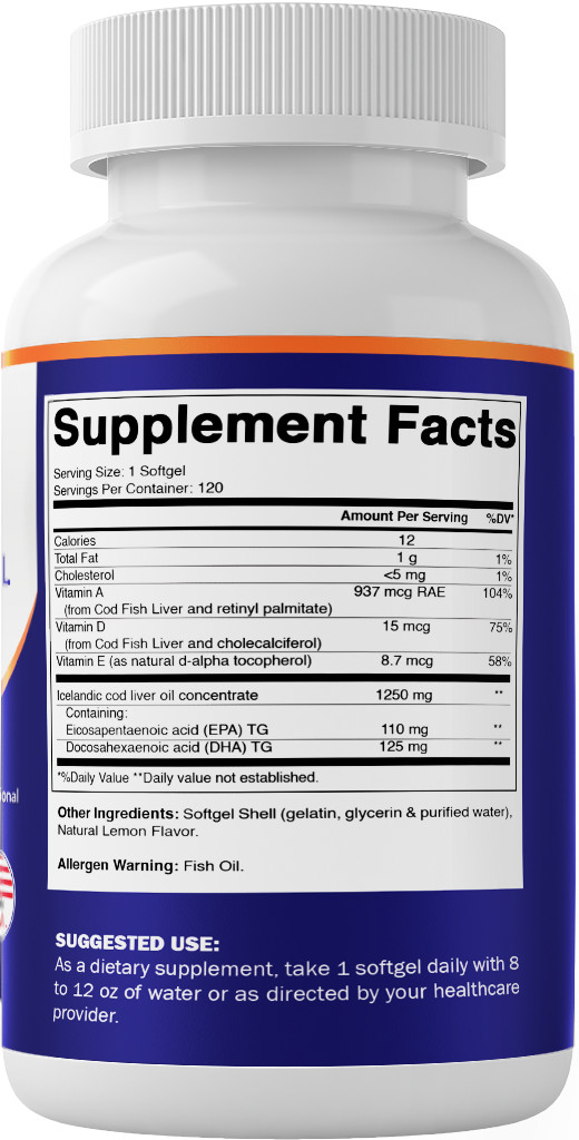 Vitamatic Norwegian Cod Liver Oil 1250mg 120 Softgels (Lemon Flavor)