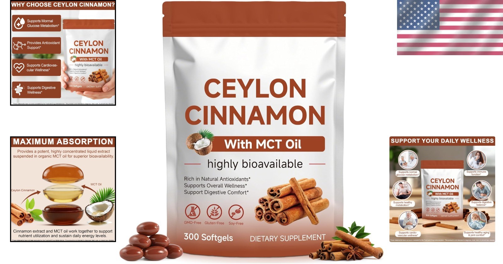 Ceylon Cinnamon Softgels with MCT Oil – 300 Count for Total Wellness