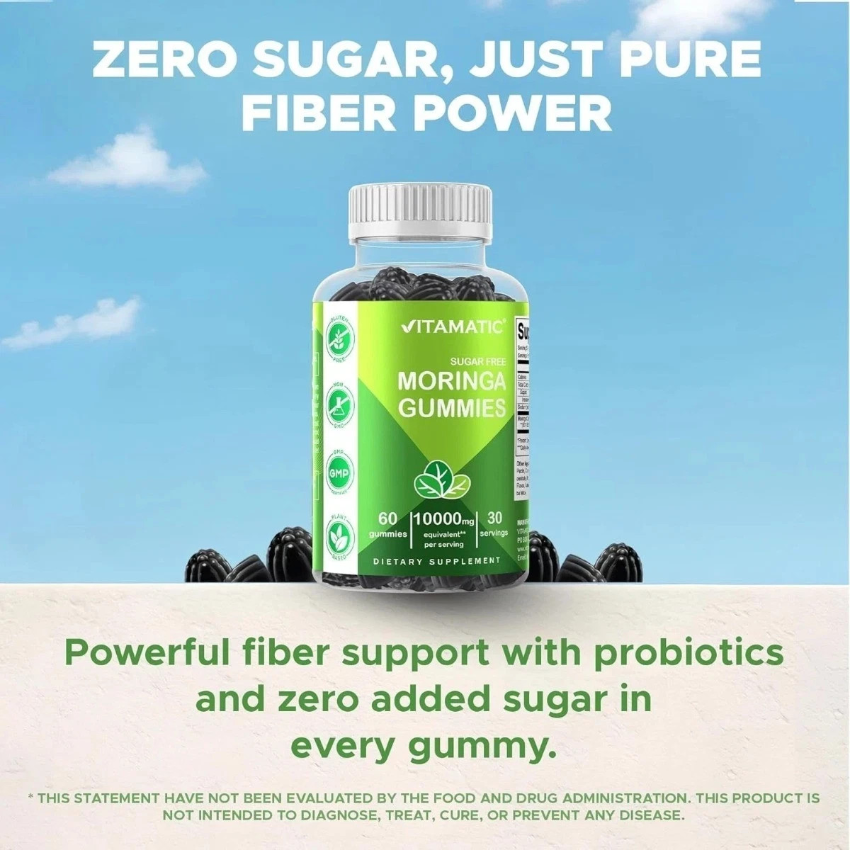 Vitamatic Sugar-Free Moringa Gummies – 60 Pectin-Based Chewable Gummies, Clean F