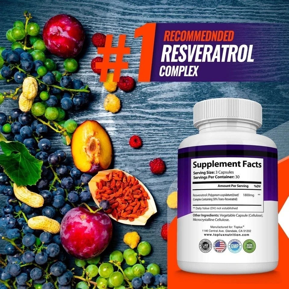 Toplux Resveratrol Complex,1800mg Natural Antioxidant,Cellular Health 90 Caps
