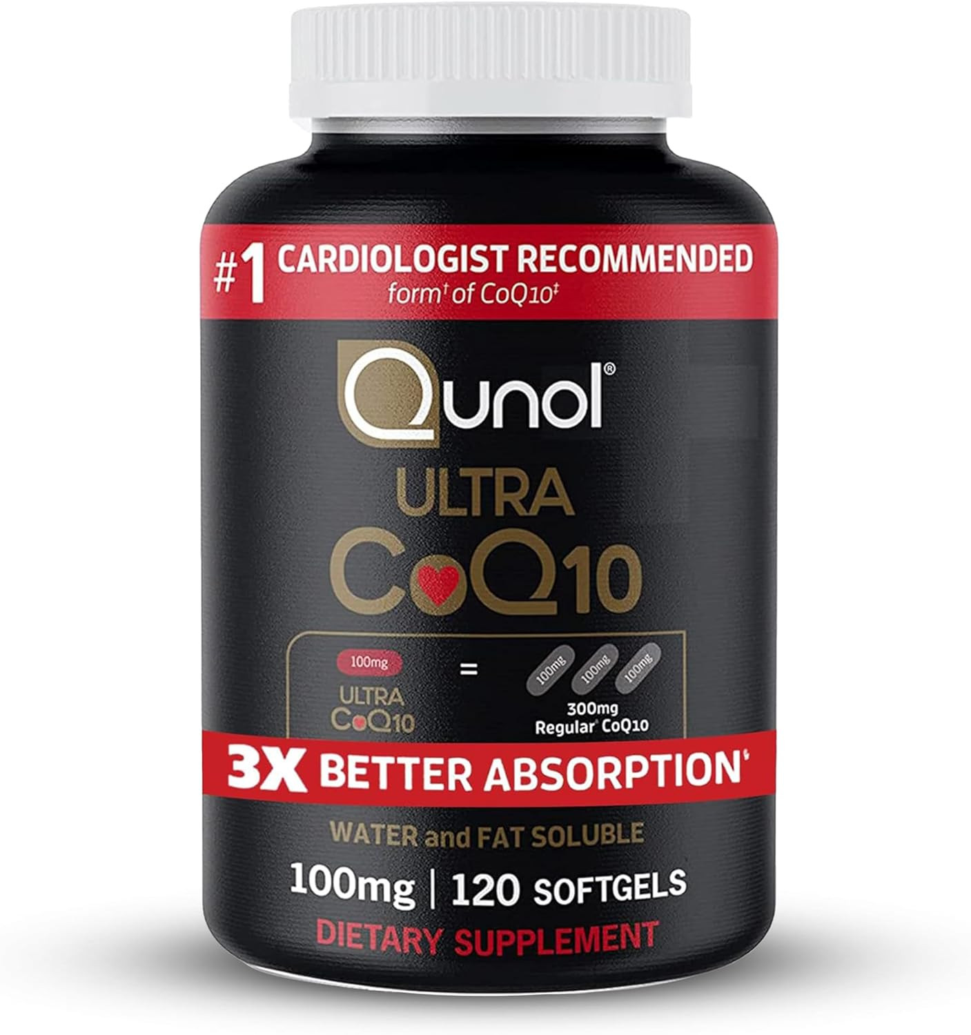 Qunol Ultra Coq10 100Mg, 3X Better Absorption, Patented Water and Fat Soluble Na