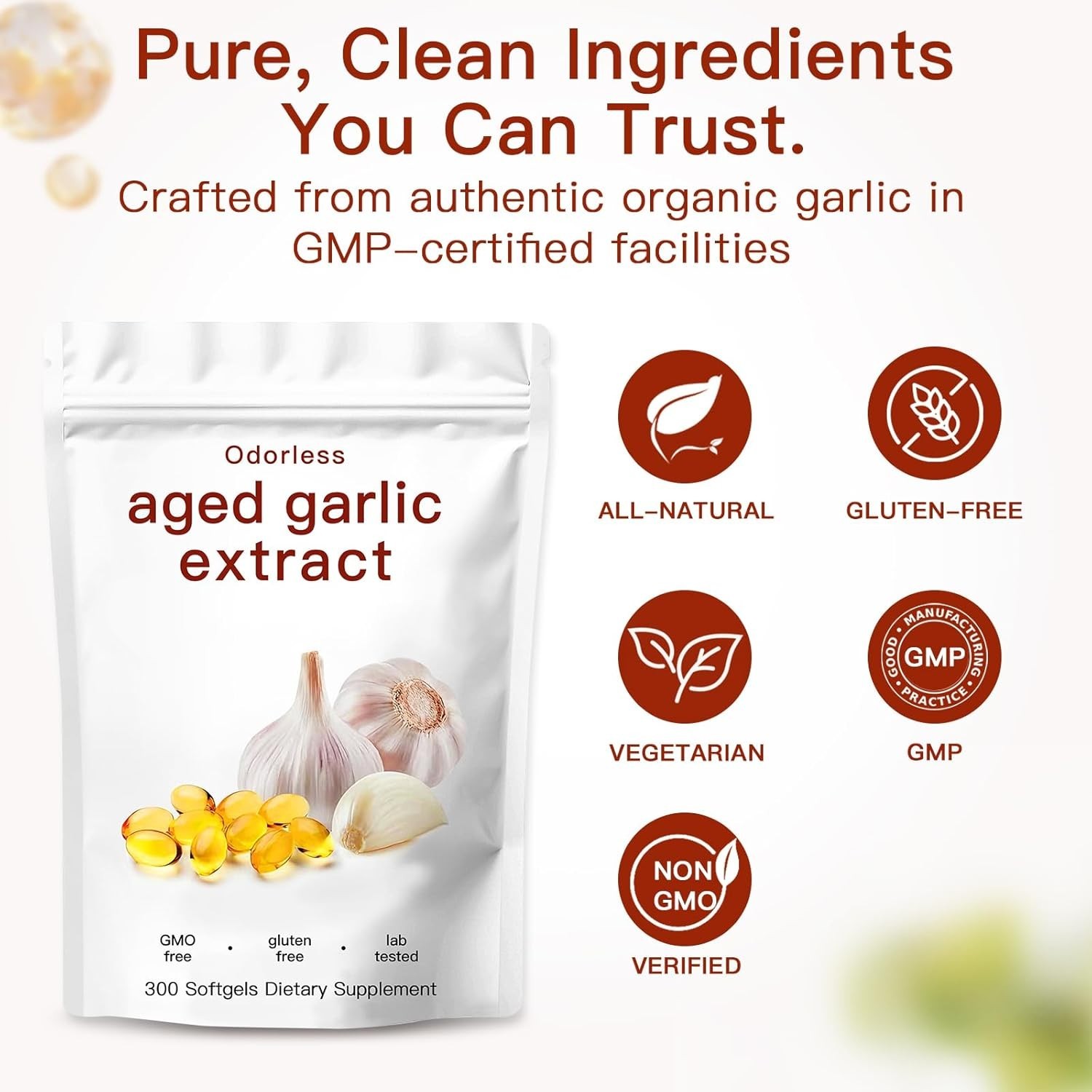 Odorless Garlic 7500mg Per Servings, 300 Softgels | 2 Years Aged Garlic Extra…