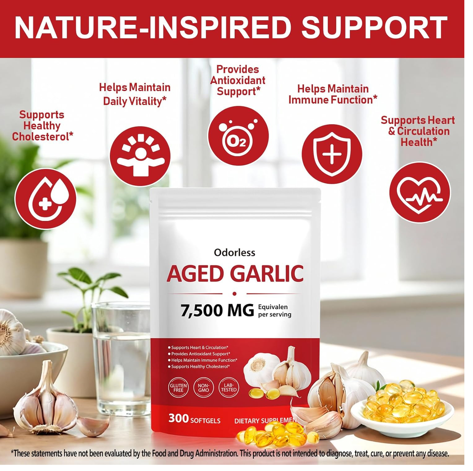 Odorless Garlic 7500mg Per Servings, 300 Softgels | 2 Years Aged Garlic Extra…