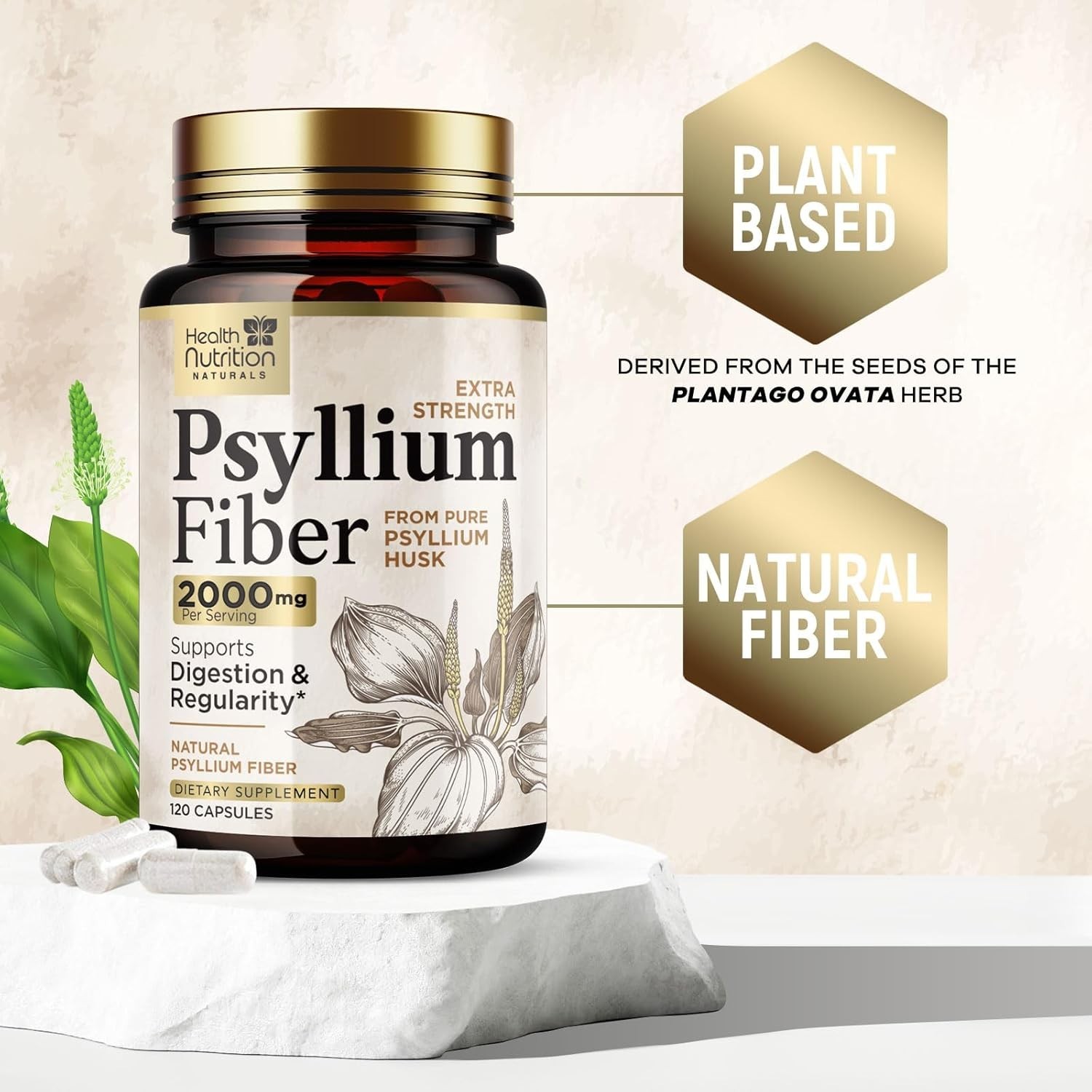 High Absorption Psyllium Husk Fiber Caps 2000 mg, Natural Soluble Fiber Capsules