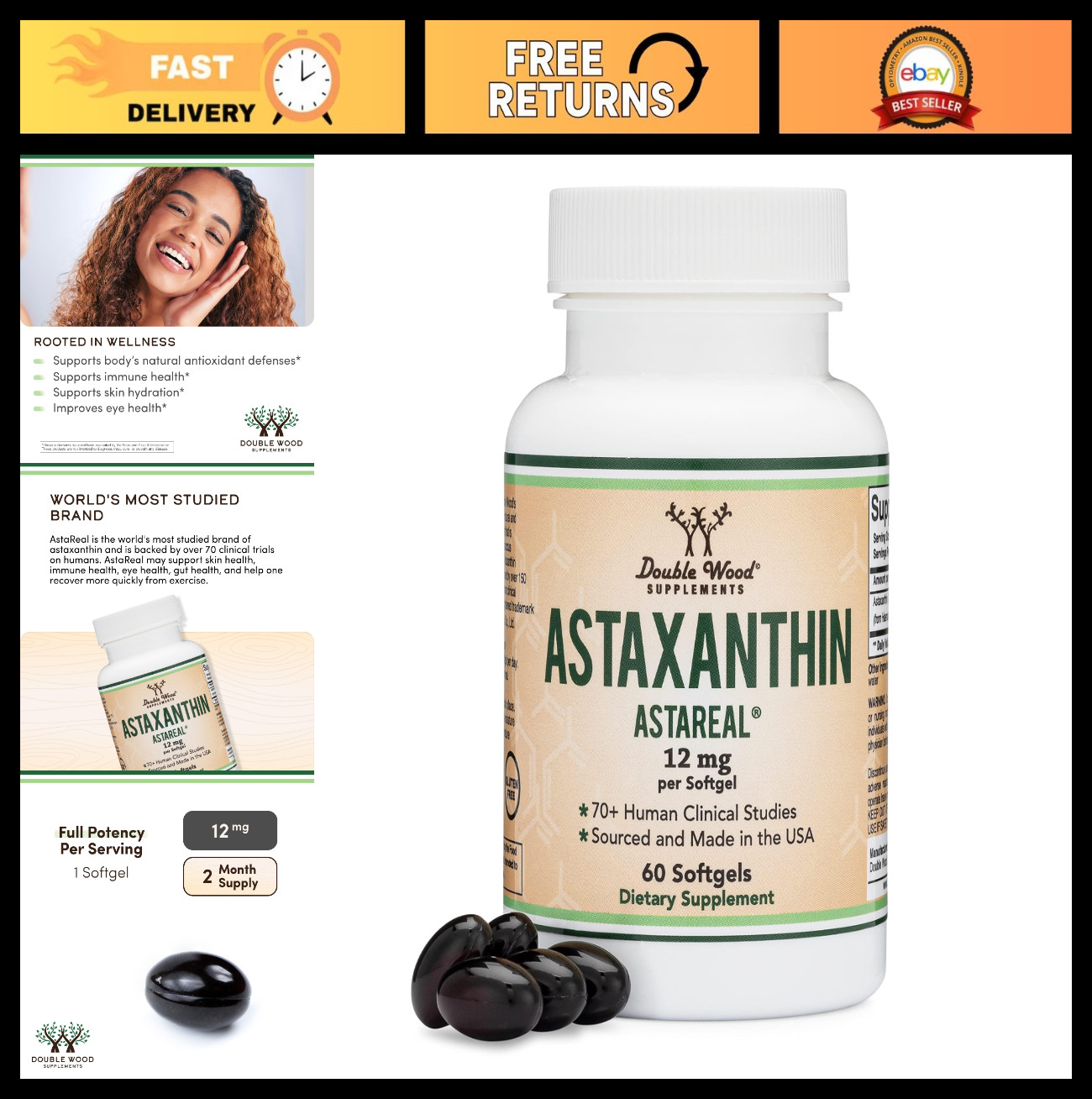 Triple Strength Astaxanthin 12mg – Patented Formula, 70+ Clinical Trials, USA Ma