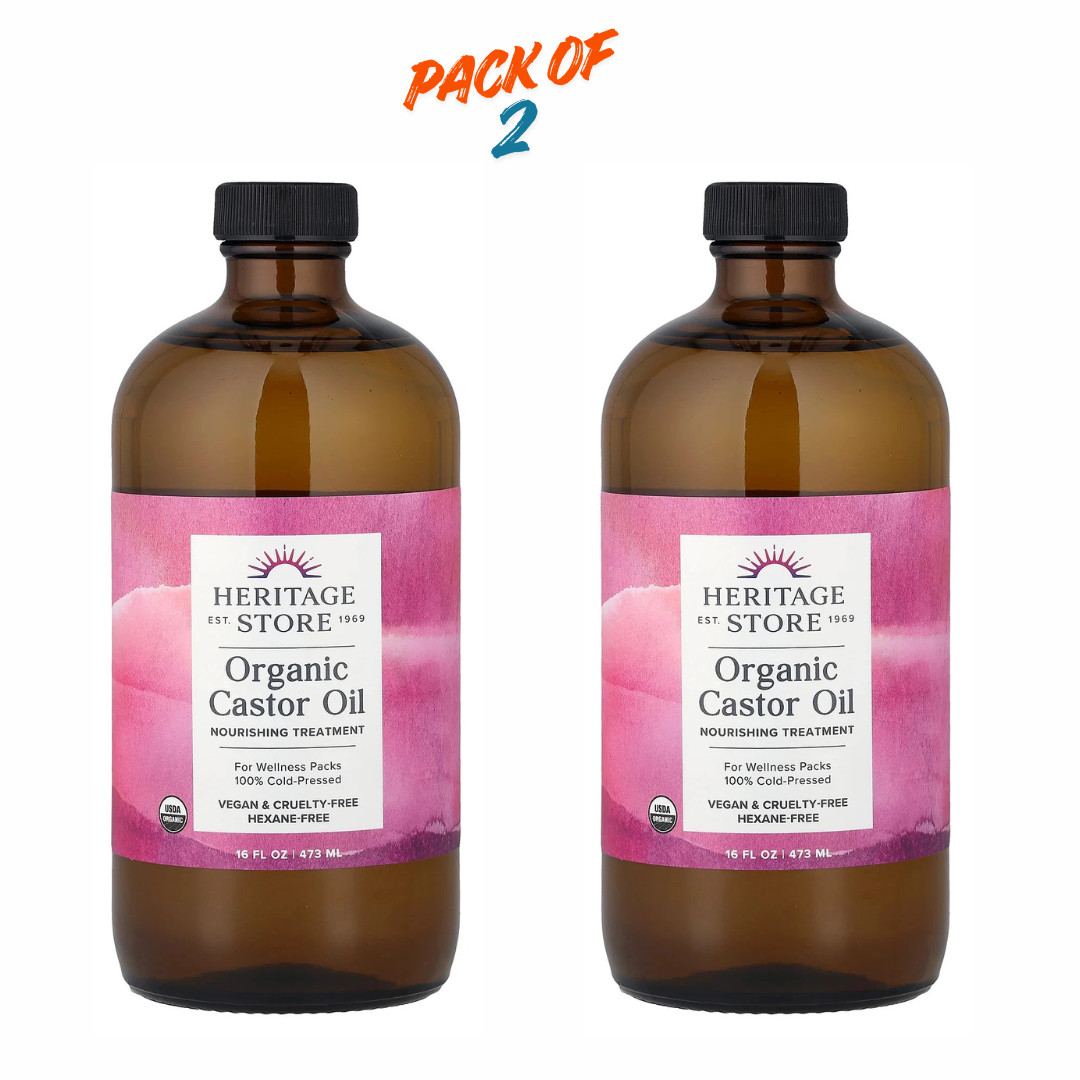 Heritage Store Organic Castor Oil 16 oz Pack of 2 Cold Pressed Hexane Free 32oz