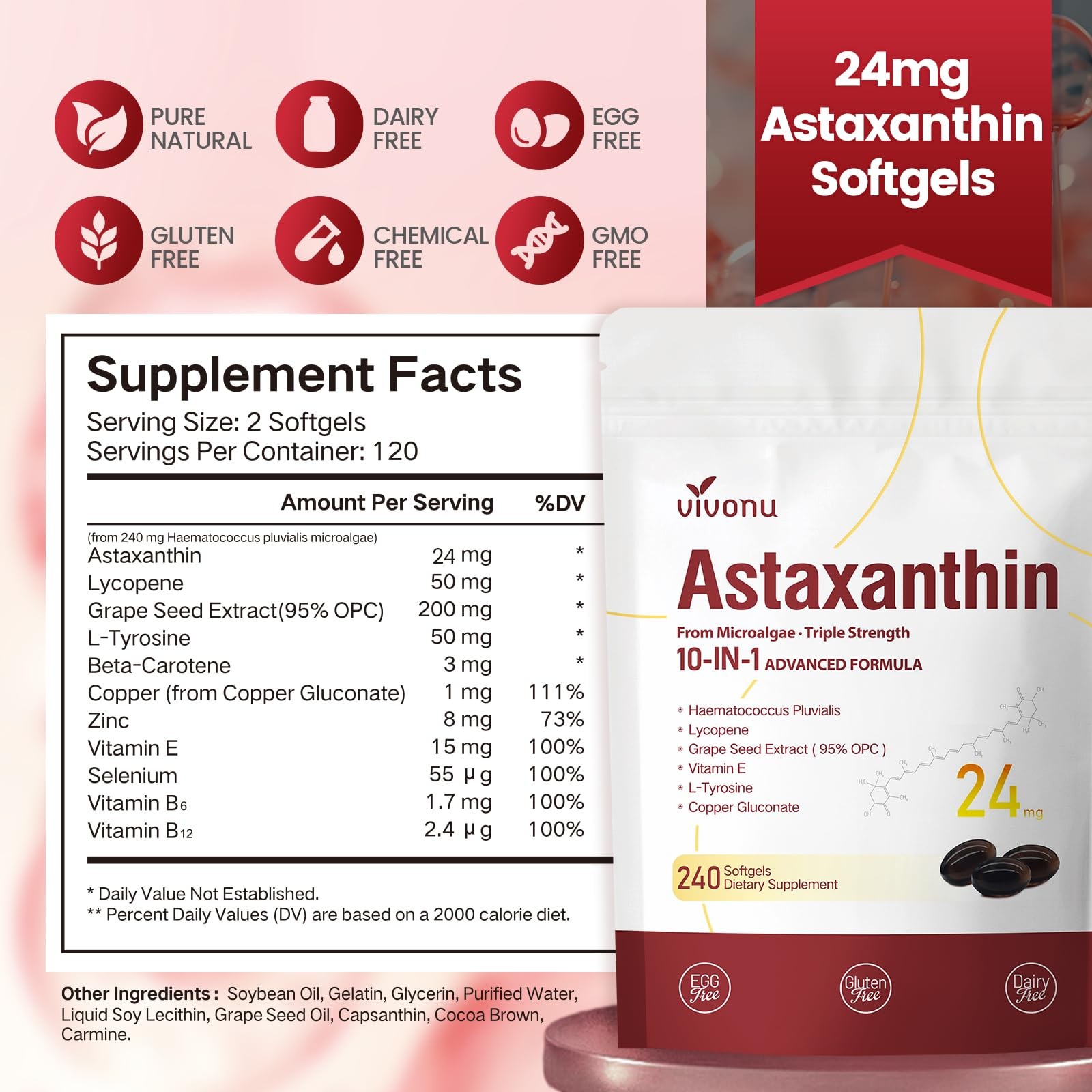 10 in 1 Astaxanthin Supplements 24mg, 4 Month Supply, Astaxantina Antioxidant…